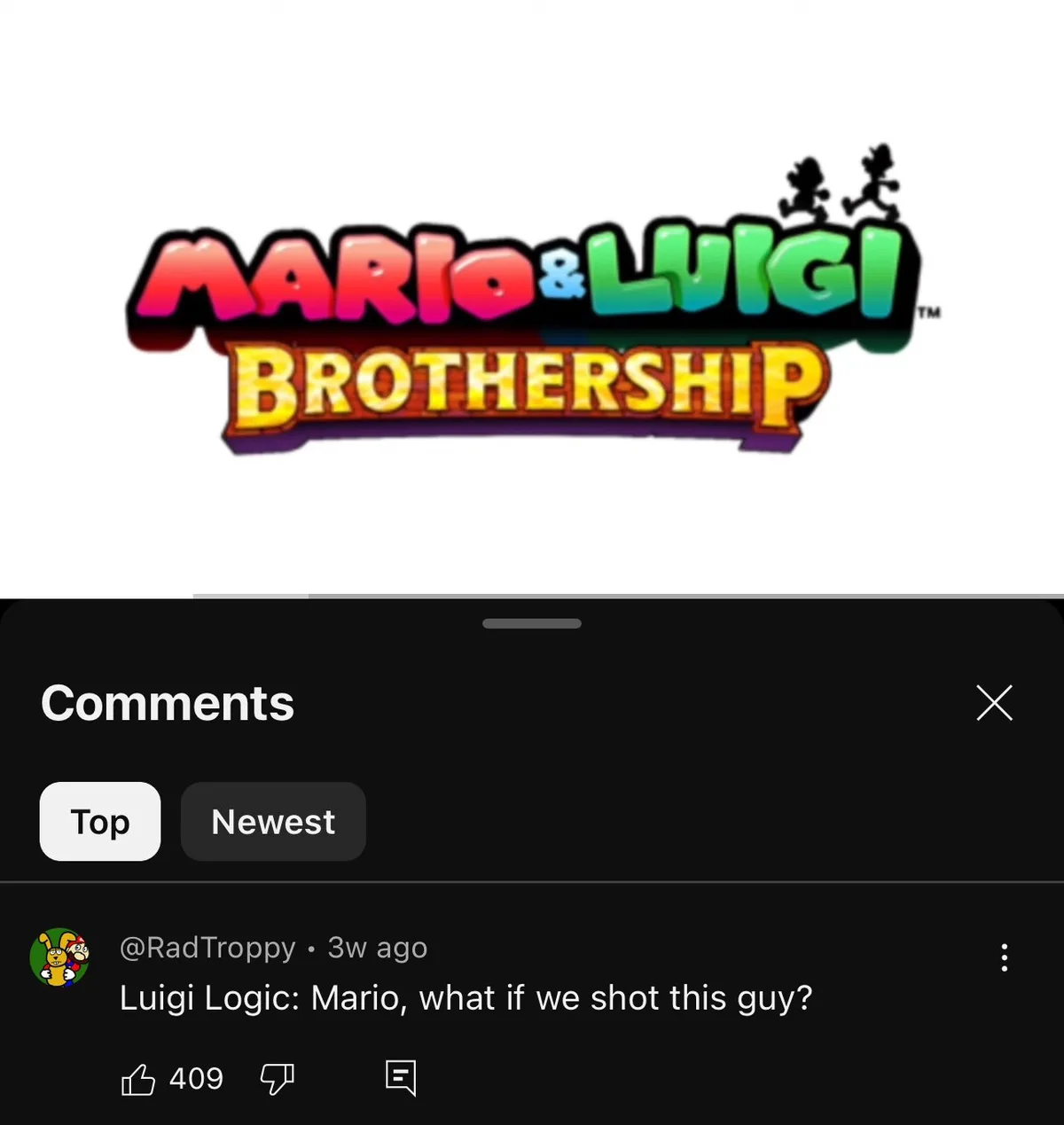 The image displays the colorful 'Mario & Luigi: Brothership' game logo at the top, with a screenshot of a YouTube comments…