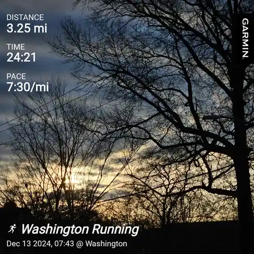 A screenshot of a Garmin fitness tracker displaying a running session: 3.25 miles in 24 minutes and 21 seconds at a pace of…