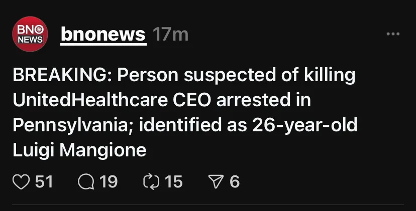 A screenshot of a BNO News social media post with a black background and white text. The post reads 'BREAKING: Person…