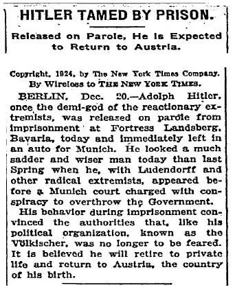 A black-and-white newspaper clipping from The New York Times dated December 20, 1924, reports that Adolf Hitler, released on…