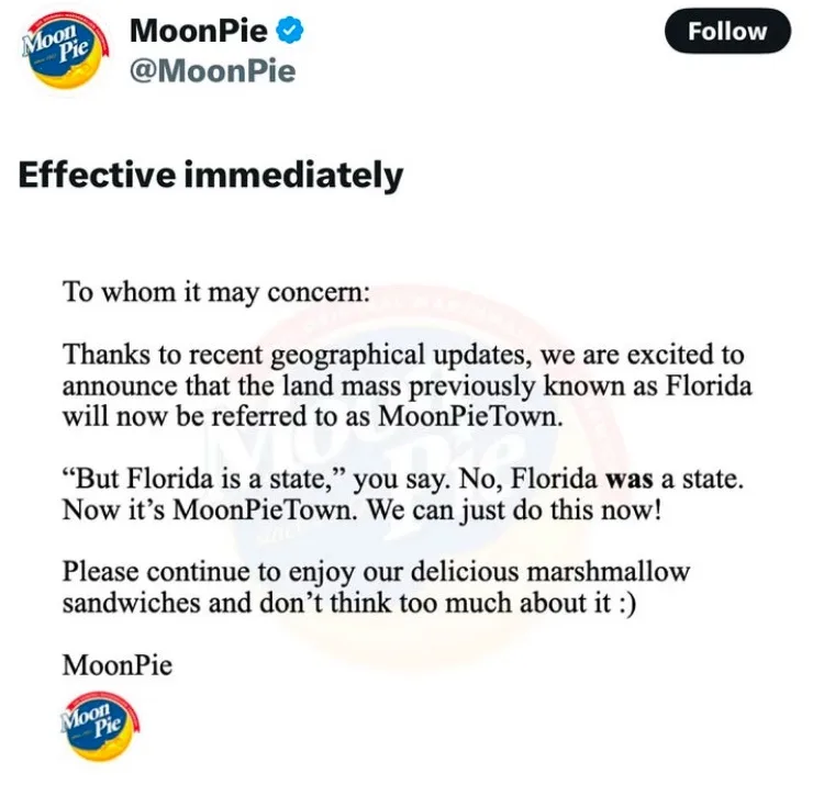 The image shows a screenshot of a fictional tweet from the official MoonPie Twitter account, styled as a formal…