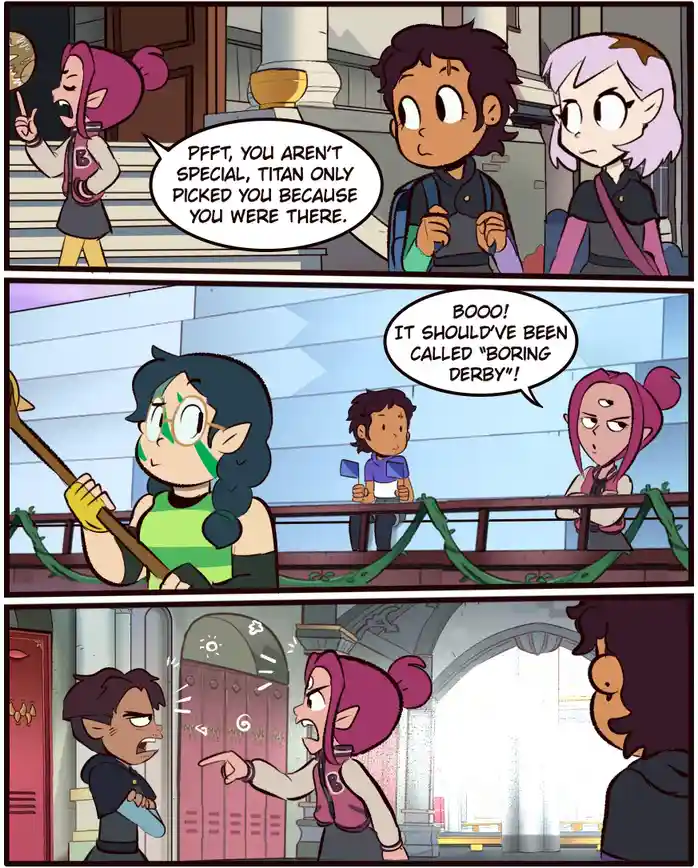 A three-panel comic strip from 'The Owl House' shows a girl in a purple hoodie mocking a boy's selection by Titan, then…