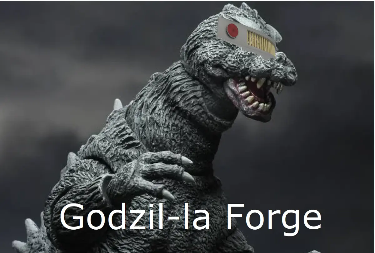 A gray Godzilla figurine with a menacing expression and open mouth, has a silver car radio with a red button and speaker…