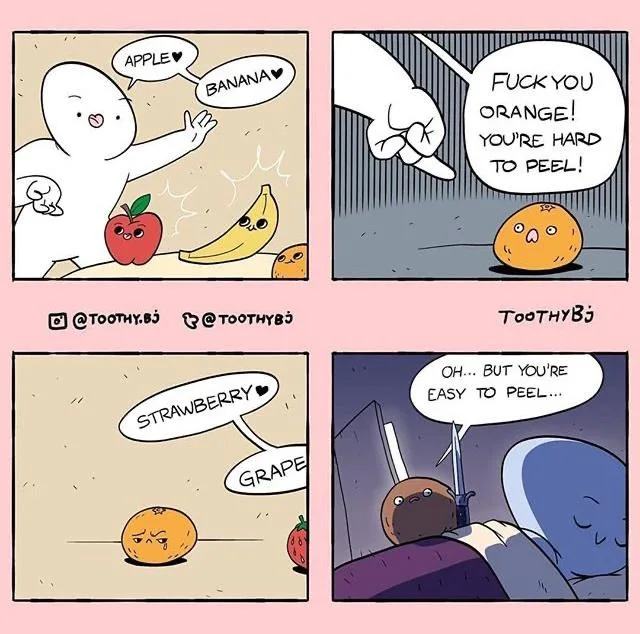 A four-panel comic strip by ToothyBj shows a white ghost-like character happily choosing apples and bananas. An orange is…