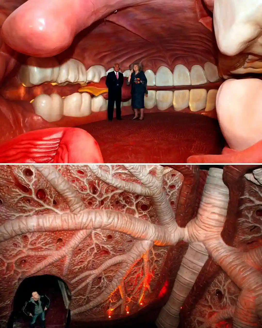 The image is a two-panel meme. The top panel shows two people standing inside a giant, realistic-looking human mouth…