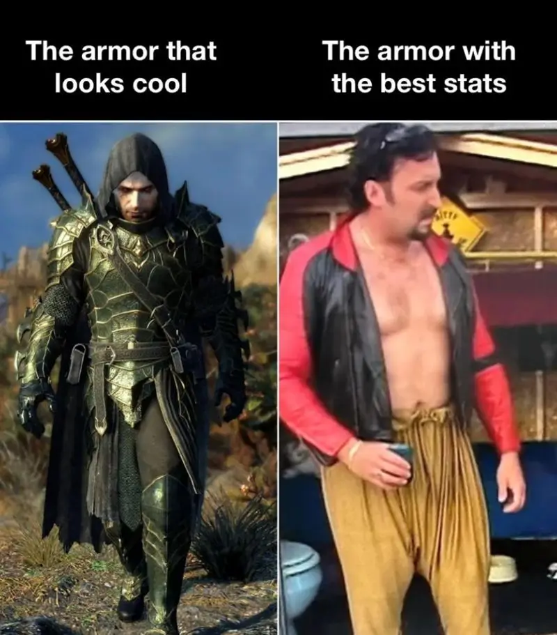 The image is split into two panels. The left panel shows a video game character in ornate, dark green, detailed armor with a…