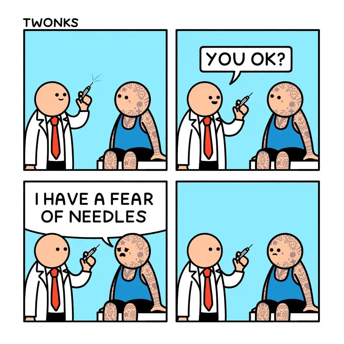 A four-panel comic strip by 'TWONKS' shows a doctor holding a syringe toward a heavily tattooed patient. The doctor asks…