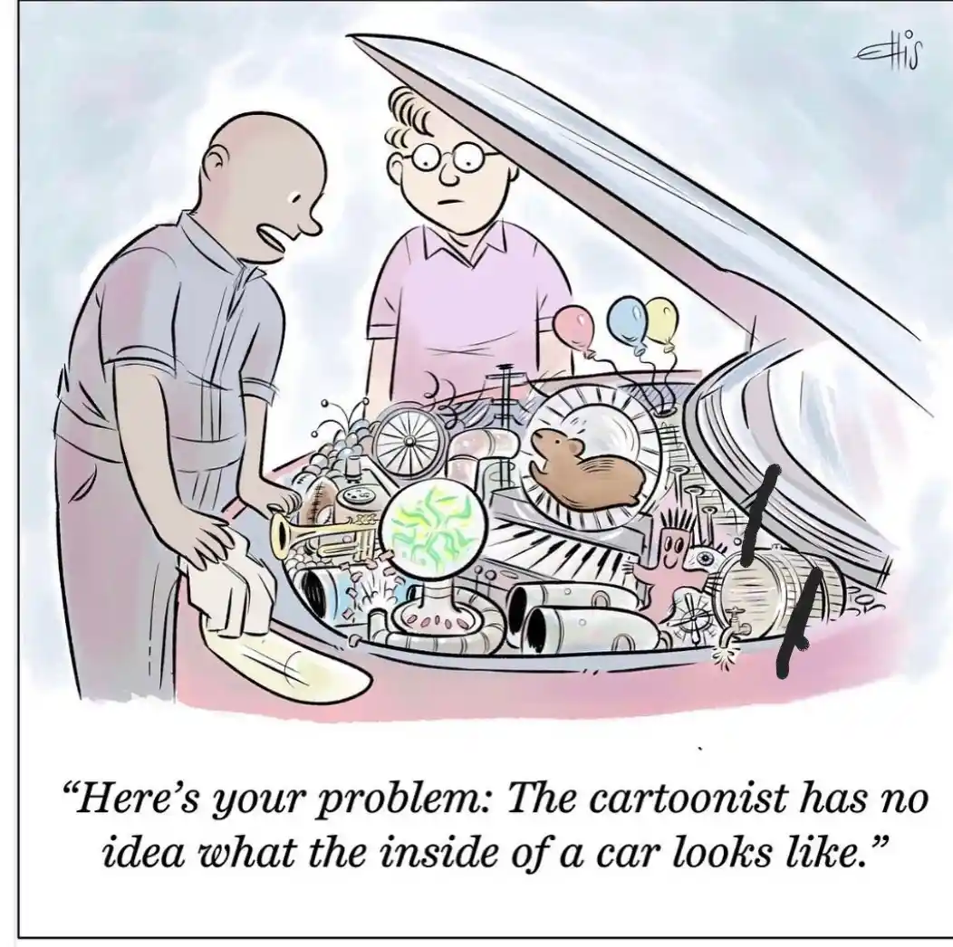 Two men stand beside an open car hood revealing a chaotic, nonsensical mess of unrelated objects like a trumpet, a hamster…