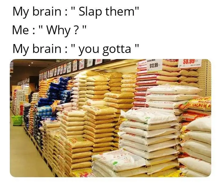 An aisle in a grocery store filled with tall stacks of rice bags in various colors and brands. Overlaid text reads: 'My…