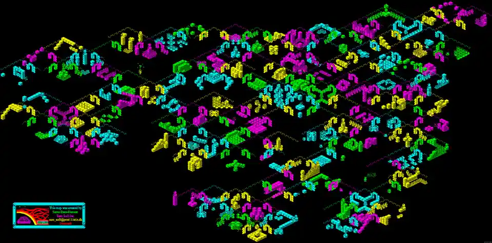A colorful, isometric, pixelated map of a complex dungeon or level from a retro video game, featuring numerous rooms…