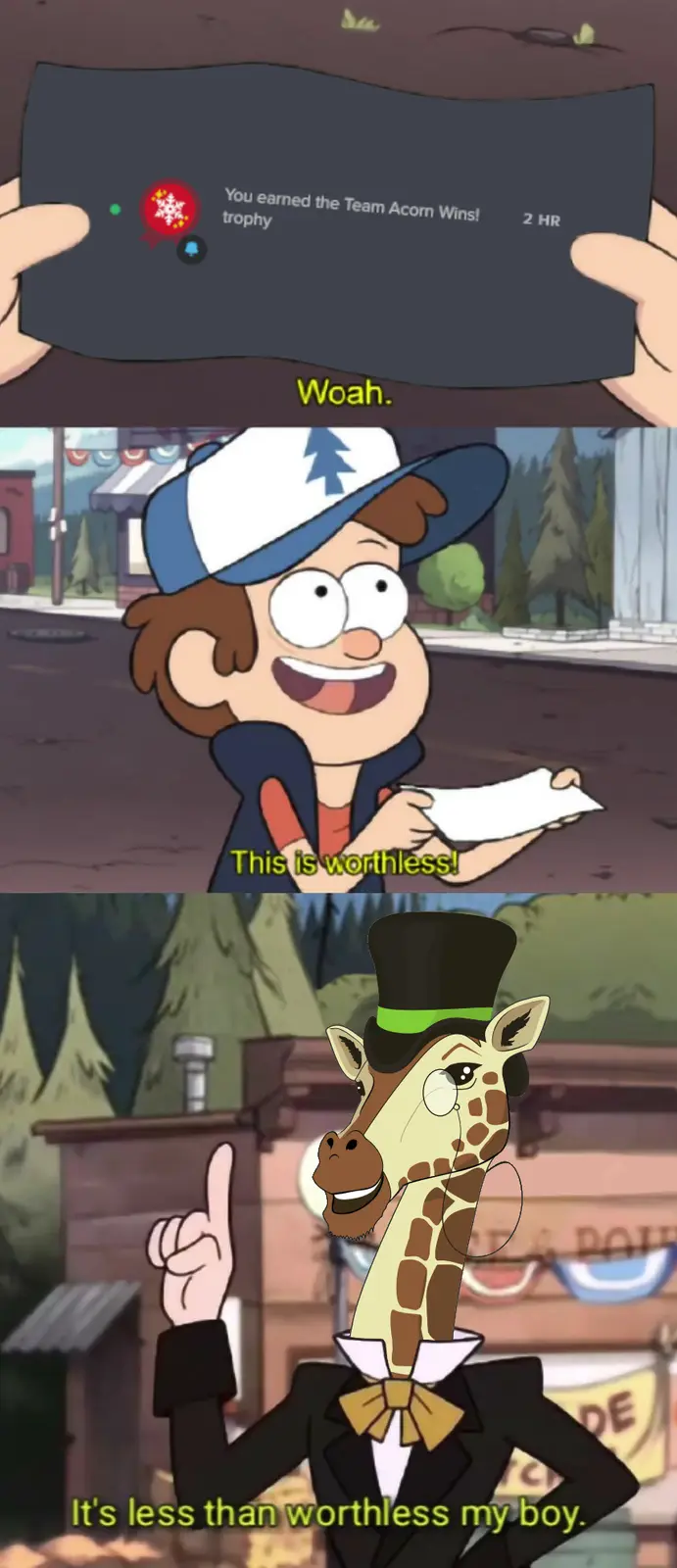 A three-panel meme featuring Dipper Pines from Gravity Falls reacting to a game notification for 'Team Acorn Wins!' trophy…