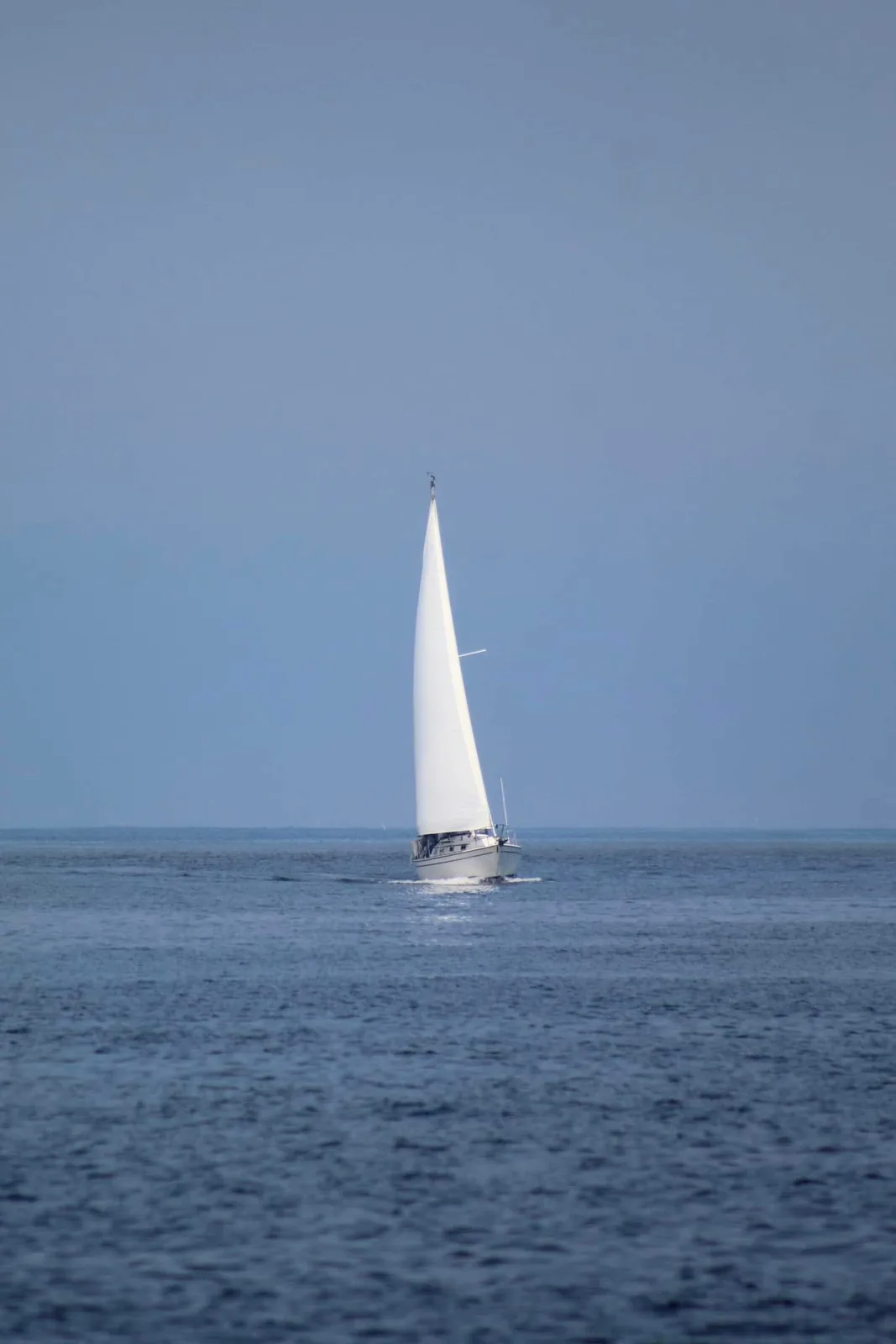 A white sailboat with a tall, full sail is sailing alone on a calm blue ocean under a clear blue sky. The overlaid text…