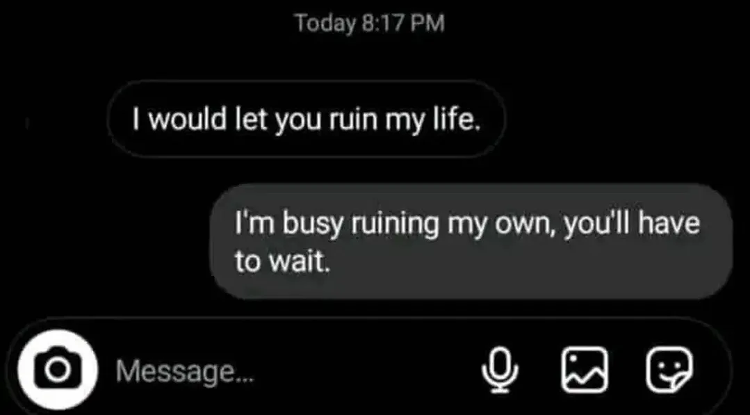 A screenshot of a text message conversation on a dark-themed messaging app. The first message reads 'I would let you ruin my…