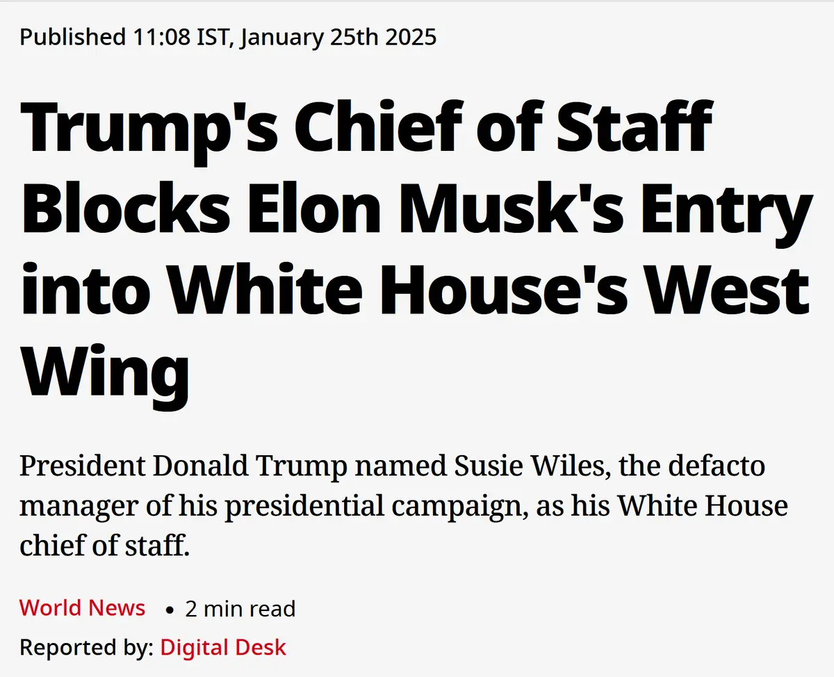 The image displays a fake news article with a headline reading 'Trump's Chief of Staff Blocks Elon Musk's Entry into White…