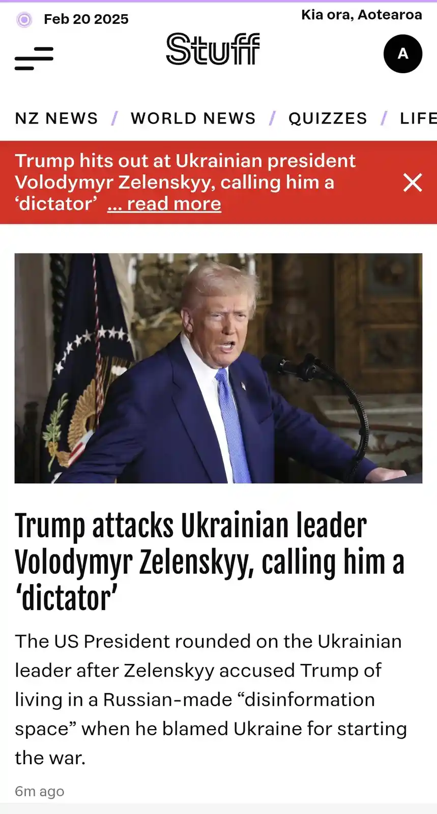 A screenshot of a news article from 'Stuff' dated Feb 20, 2025, shows a photo of Donald Trump speaking at a podium with an…
