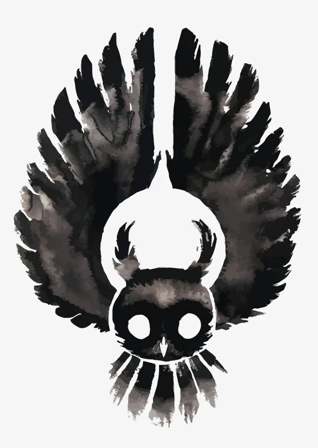 A stylized black and white illustration of an owl with large, round eyes and feathered wings spread wide, rendered in a…