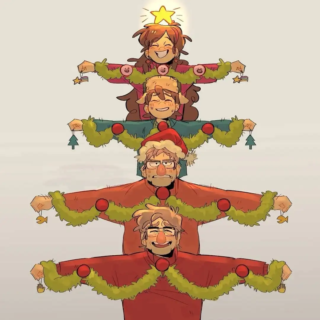 Four cartoon characters are stacked vertically like a Christmas tree, with garlands and ornaments draped over their bodies…