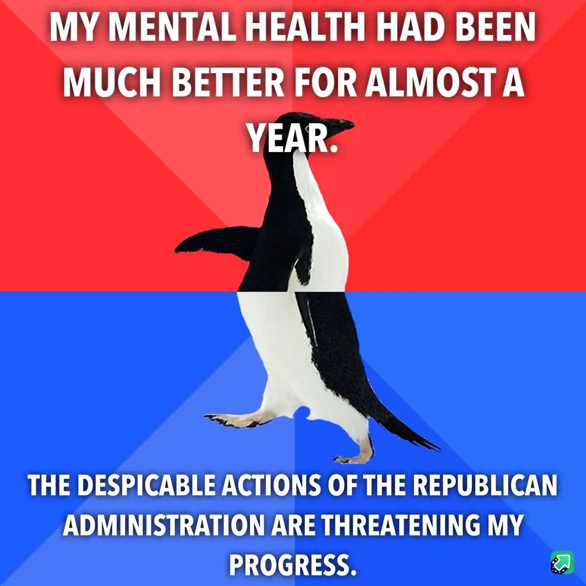 A penguin stands centered against a red and blue background, with white text overlaid in two sections. The top text reads…