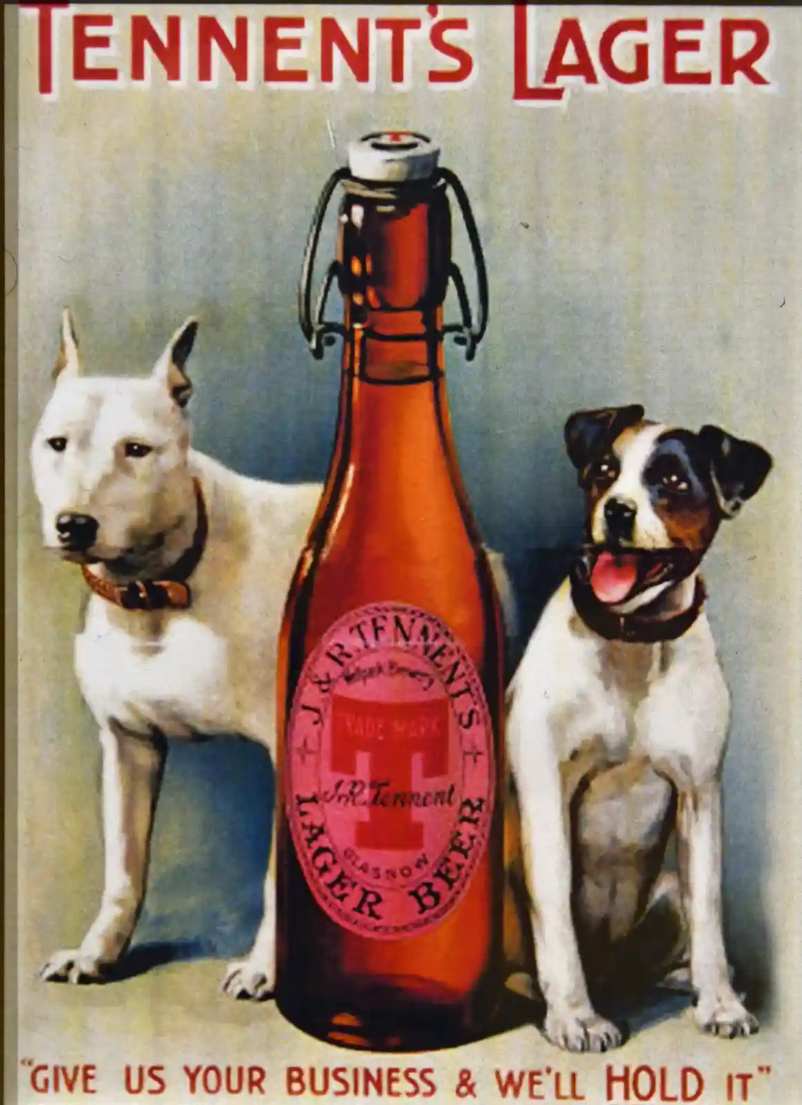 An old advertisement for Tennent's Lager beer features a large amber bottle with a swing-top cap, flanked by two dogs: a…