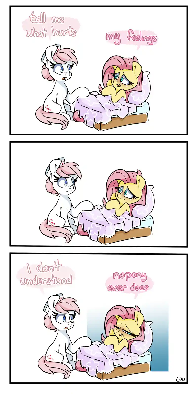A three-panel comic featuring two My Little Pony characters: a white pony in a nurse outfit asking a yellow pony in bed what…