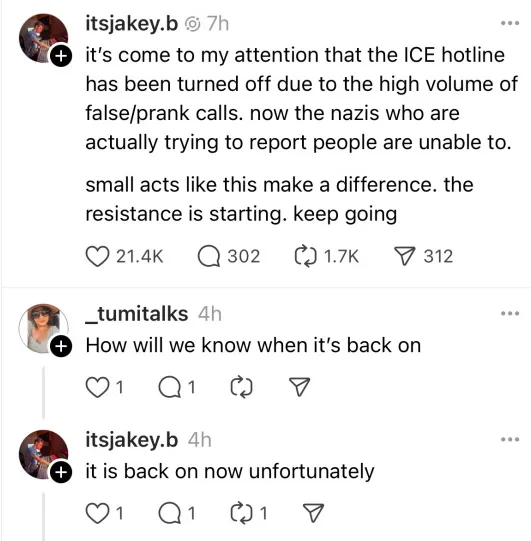 A screenshot of a social media thread shows a user claiming the ICE hotline is off due to prank calls, allowing actual Nazis…