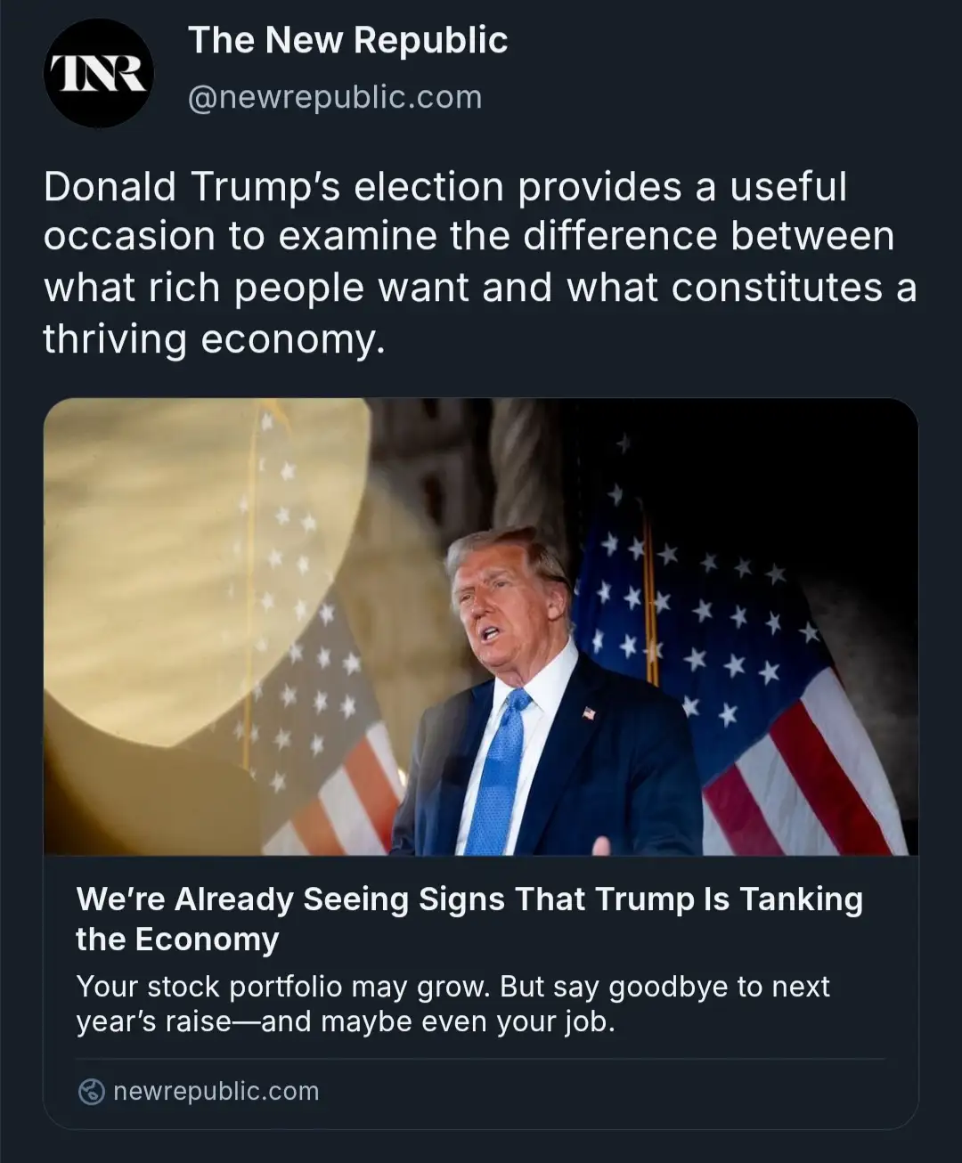 A screenshot of a tweet from The New Republic featuring a photo of Donald Trump speaking in front of American flags. The…