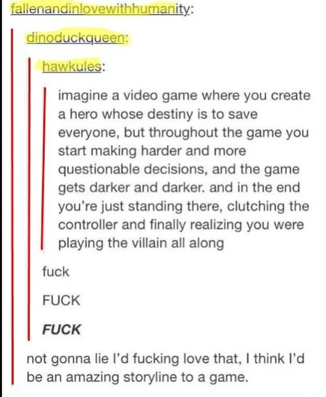 A screenshot of a Reddit thread shows user 'hawkules' describing a video game where the player's character makes…