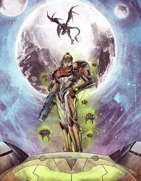 A female warrior in futuristic armor stands on a platform, holding a large gun, with a large moon behind her and a dragon…