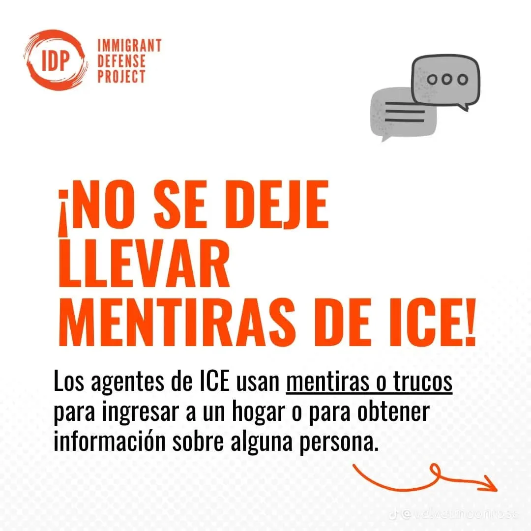 A white background image with orange and black text warns against ICE agents using lies or tricks to enter homes or obtain…