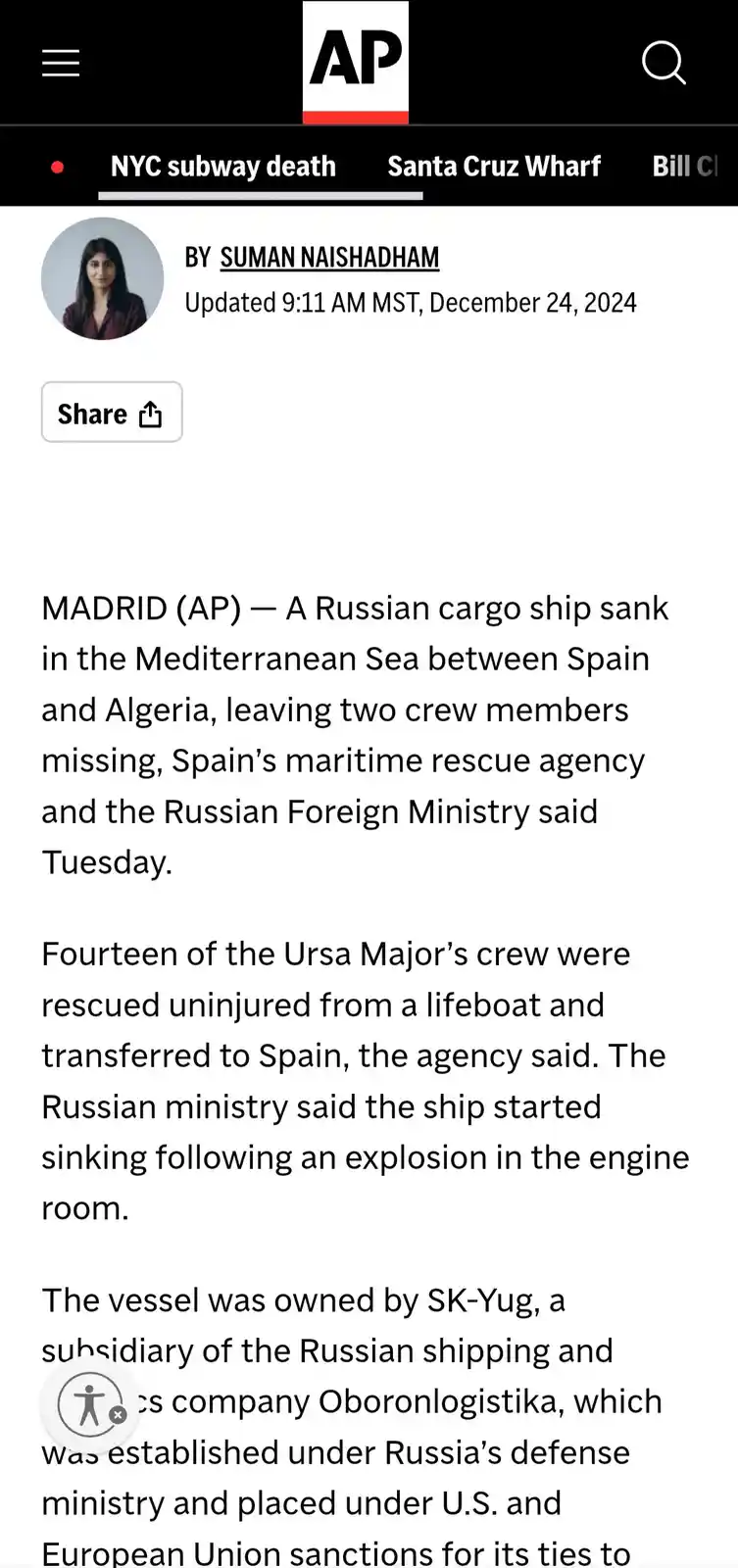 A screenshot of an Associated Press news article about a Russian cargo ship, the Ursa Major, sinking in the Mediterranean…