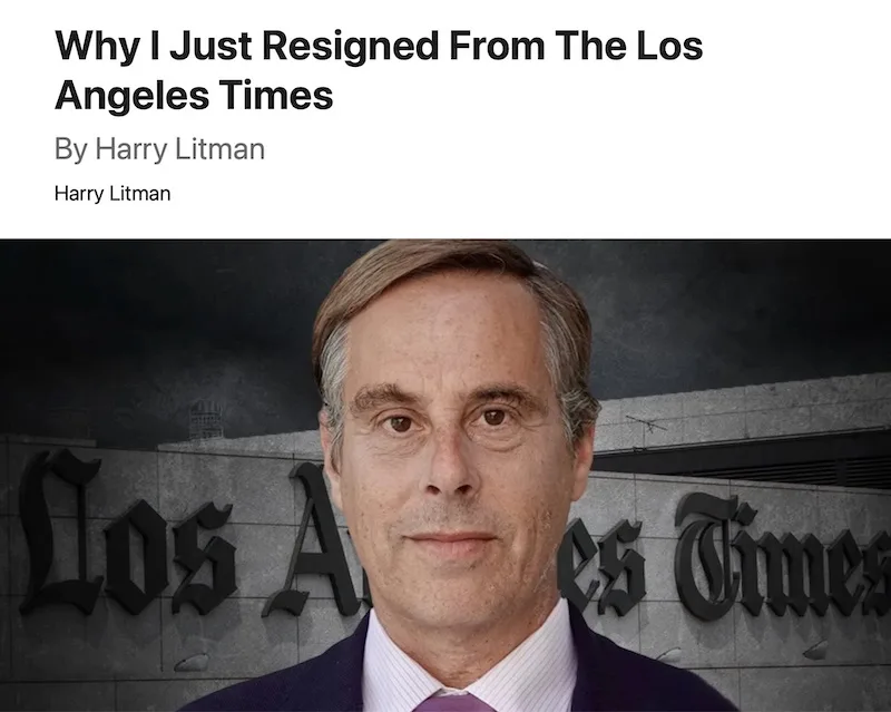 The image shows a man in a suit and tie standing in front of the Los Angeles Times building, with the newspaper's name…