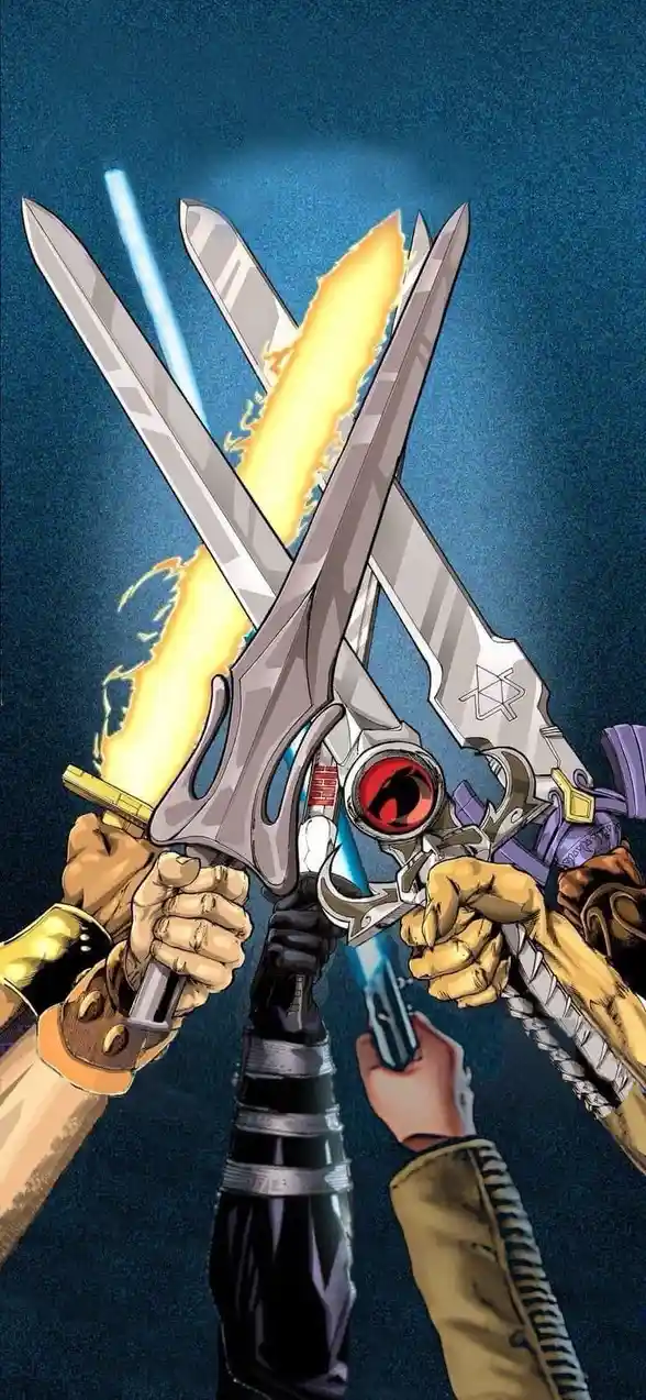 The image shows multiple hands holding various sci-fi weapons, including lightsabers and a blaster, crossed in a dramatic…