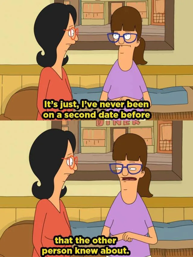Two animated women sit facing each other in a diner booth. The top panel shows the woman in the purple shirt speaking with a…