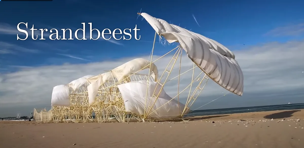A large, white, wind-powered mechanical sculpture made of bamboo and fabric stands on a sandy beach under a blue sky with…