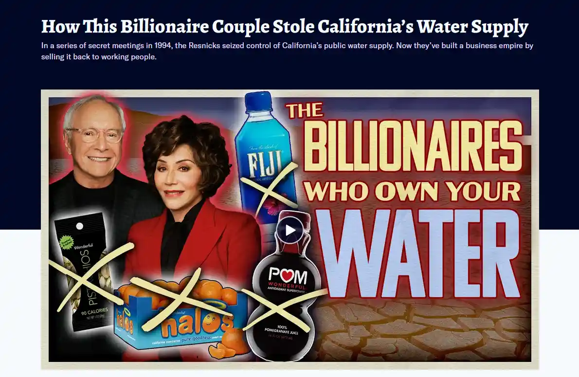 An image features a man and woman, identified as the Resnicks, with several branded beverage products—Fiji water, POM…