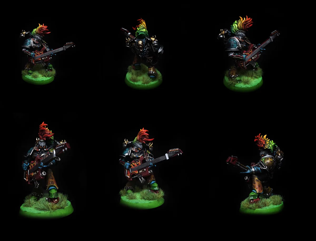 Six images show a single painted miniature of a fantasy warrior with a rainbow mohawk and a guitar, each shot from a…