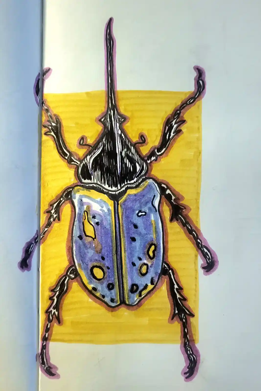 A hand-drawn illustration of a stylized rhinoceros beetle with a long horn, purple and blue spotted shell, and black legs…