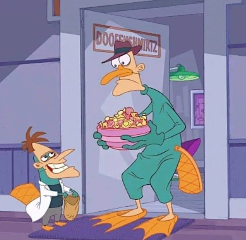 A cartoon image shows a tall, duck-billed man in green pajamas and orange webbed feet holding a bowl of cereal, standing in…