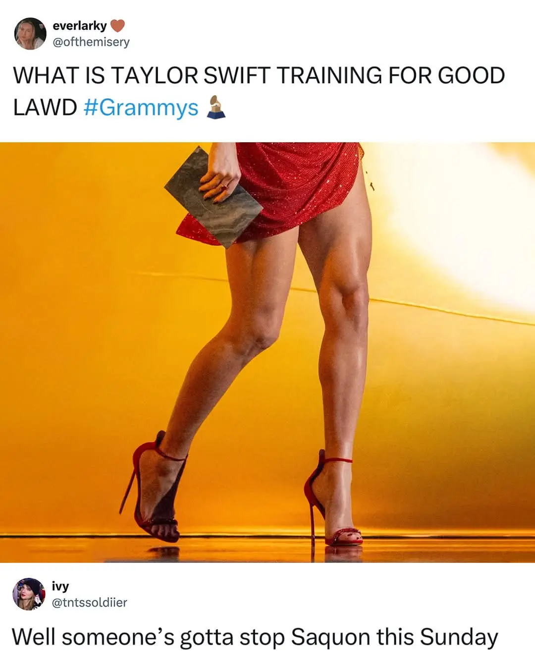A close-up photo of a woman's legs in red high heels and a red sparkly skirt, holding a clutch, walking on a stage with warm…