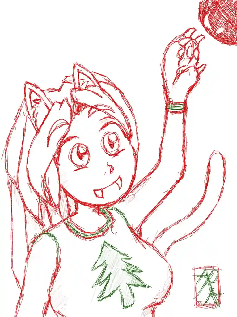 A red-line sketch shows a cheerful, cat-eared character with fangs, wearing a green Christmas tree shirt and necklace…