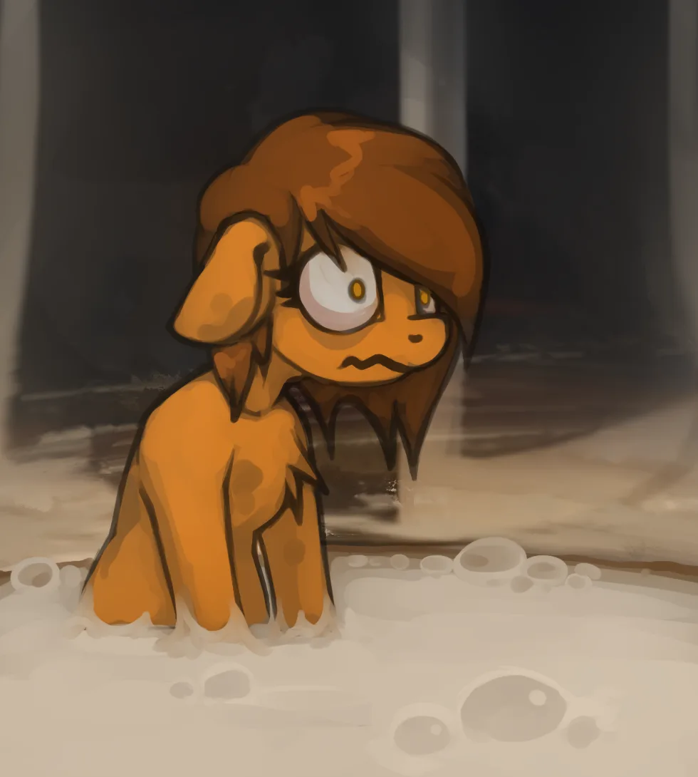 An orange cartoon pony with brown hair sits in a bathtub filled with soapy water, looking distressed with one eye wide open…