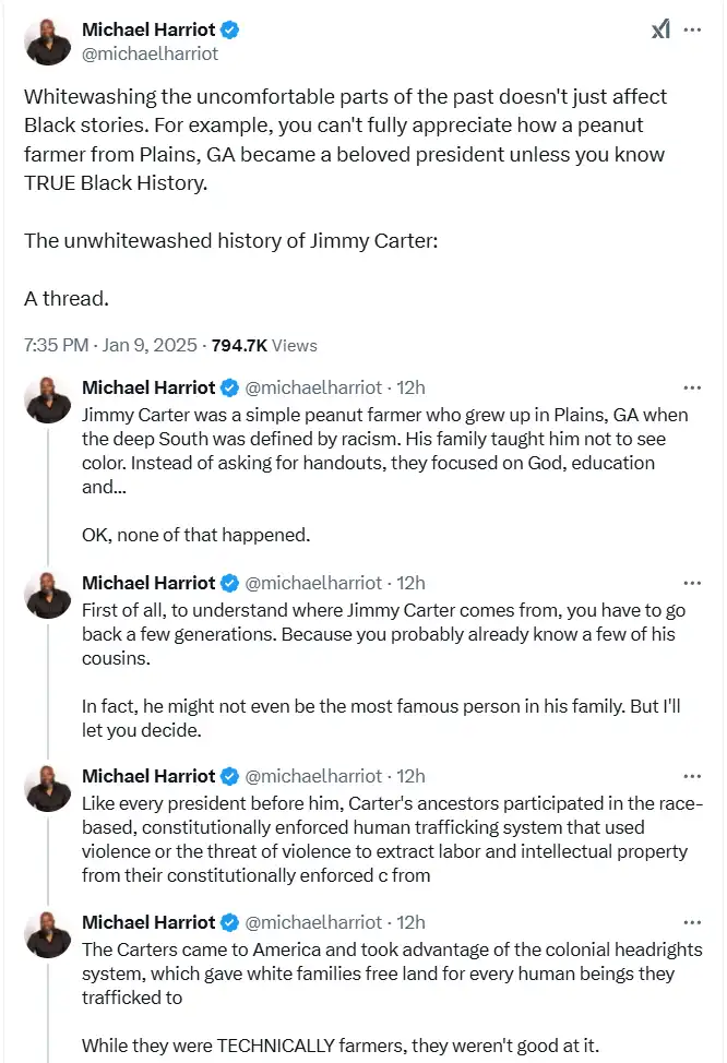A screenshot of a Twitter thread by Michael Harriot detailing the 'unwhitewashed history' of Jimmy Carter, arguing that…