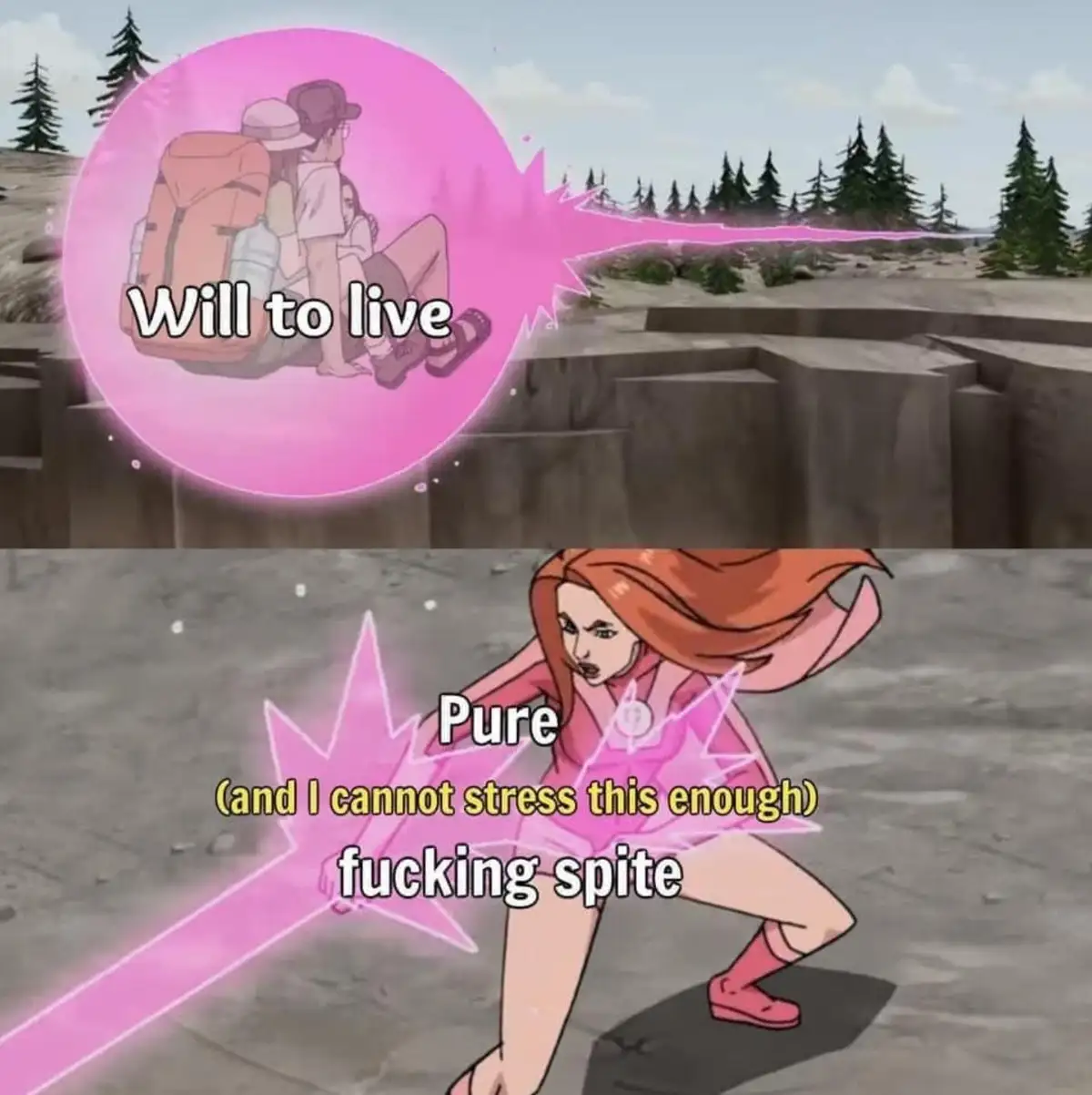 The top panel shows two anime characters sitting on a cliff edge with a pink energy bubble labeled 'Will to live' shooting…