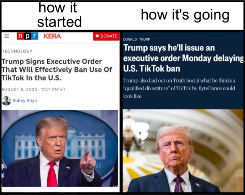 The meme contrasts two news headlines about Donald Trump and TikTok. Left side: 'Trump Signs Executive Order That Will…