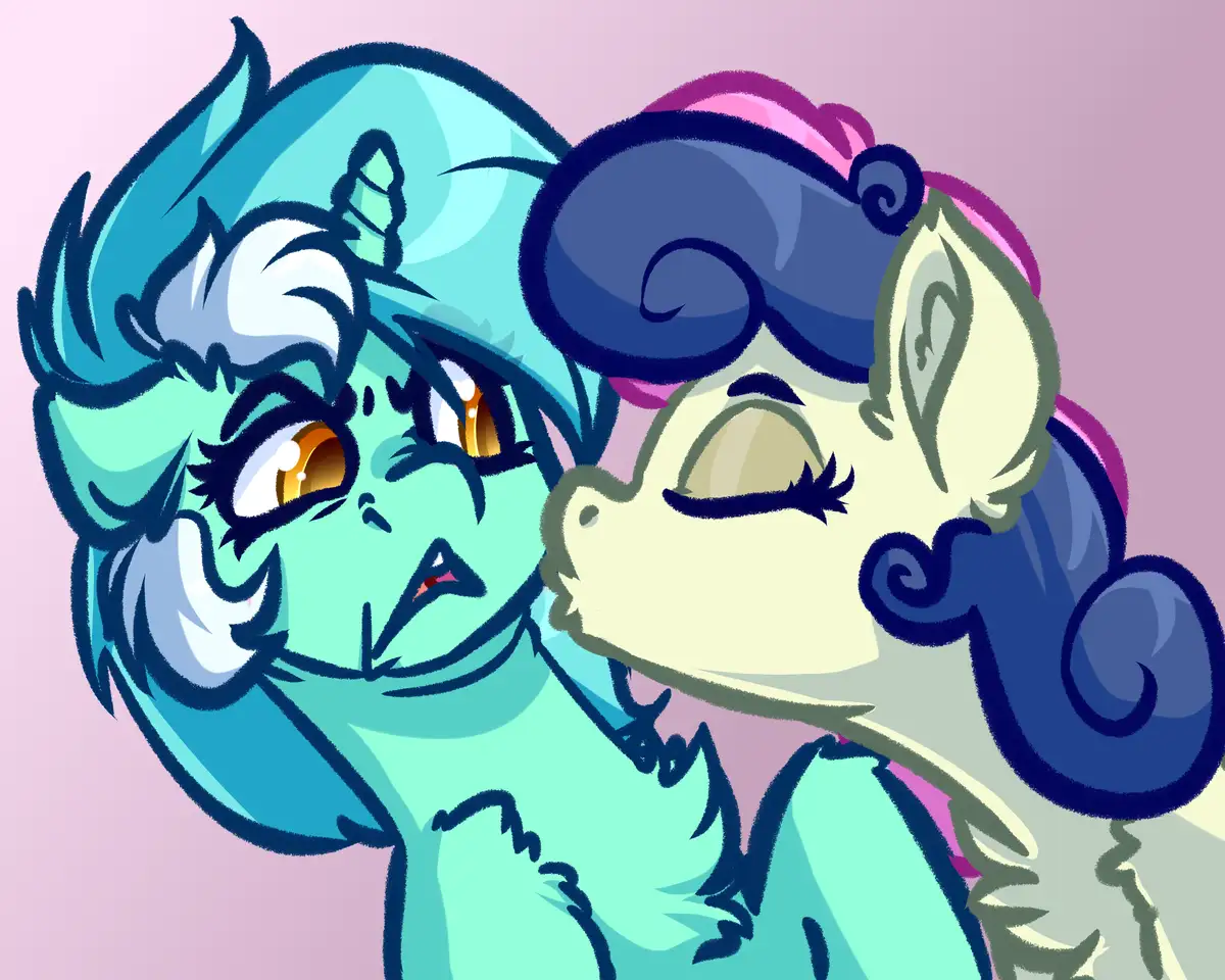Two cartoon ponies are shown in close-up; the pony on the left has a teal coat, cyan mane, and an annoyed, wide-eyed…