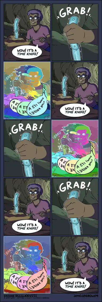 A comic strip shows a man repeatedly discovering a glowing time knife in a cave, exclaiming 'WOW! IT'S A TIME KNIFE!' Each…