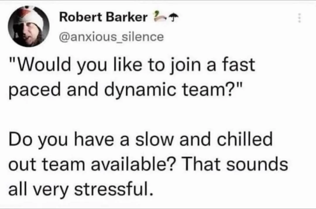 A screenshot of a tweet by Robert Barker (@anxious_silence) shows a job offer asking if the viewer wants to join a 'fast…