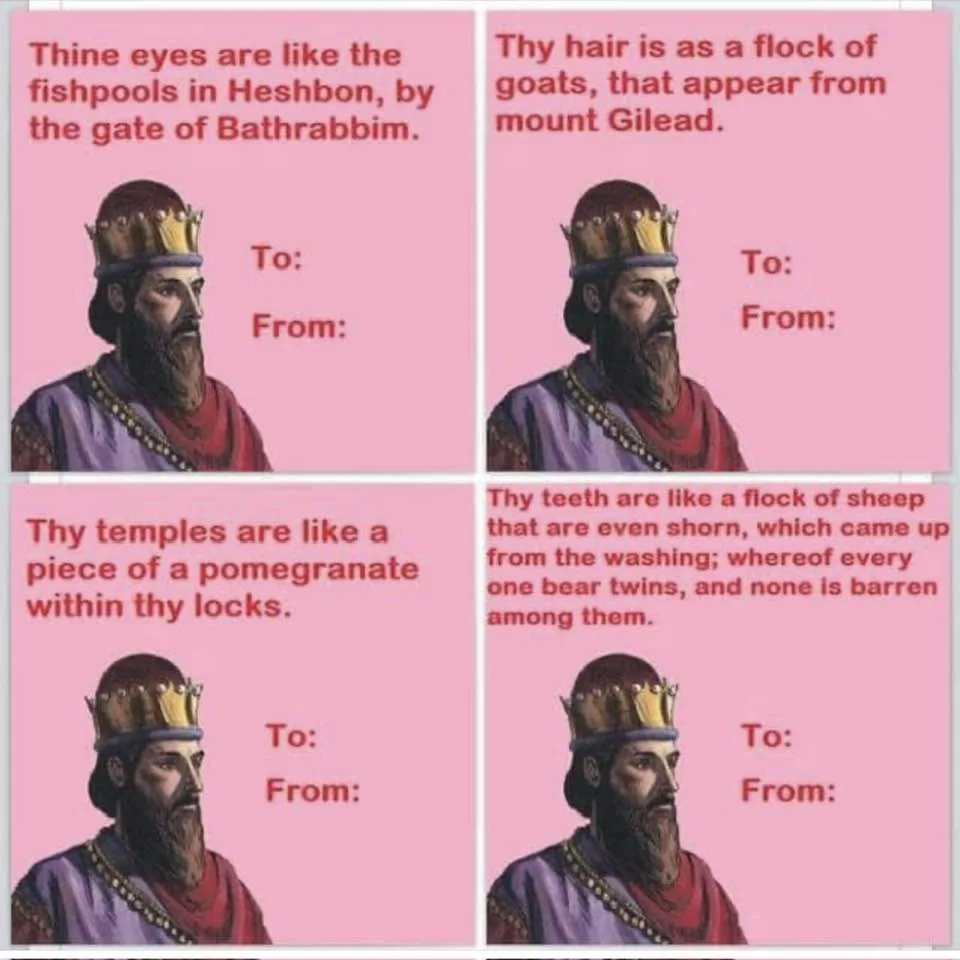 A four-panel meme featuring the same illustrated man with a crown and beard, each panel showing a line of poetic…