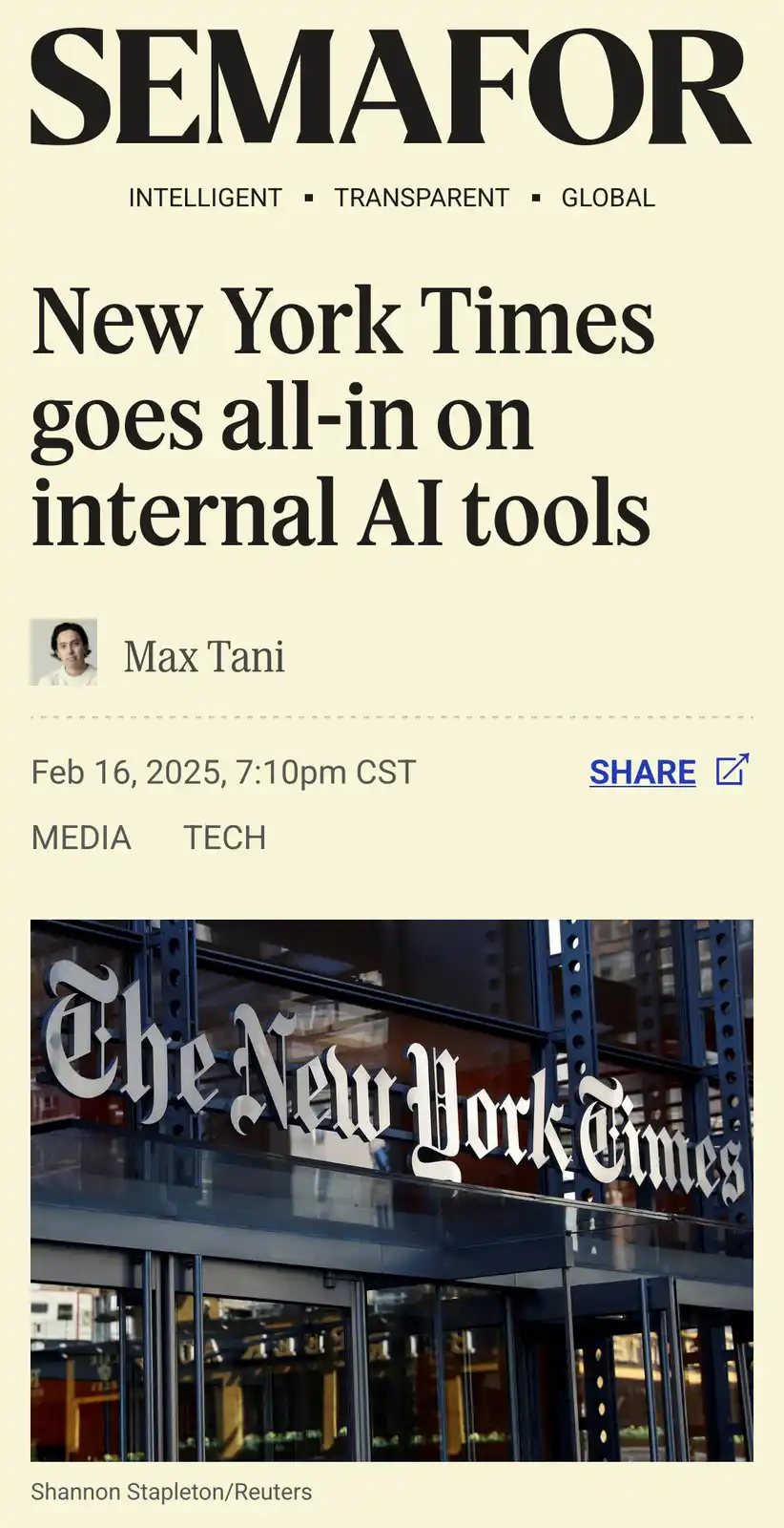 The image displays a mock news article from 'SEMAFOR' with the headline 'New York Times goes all-in on internal AI tools'…