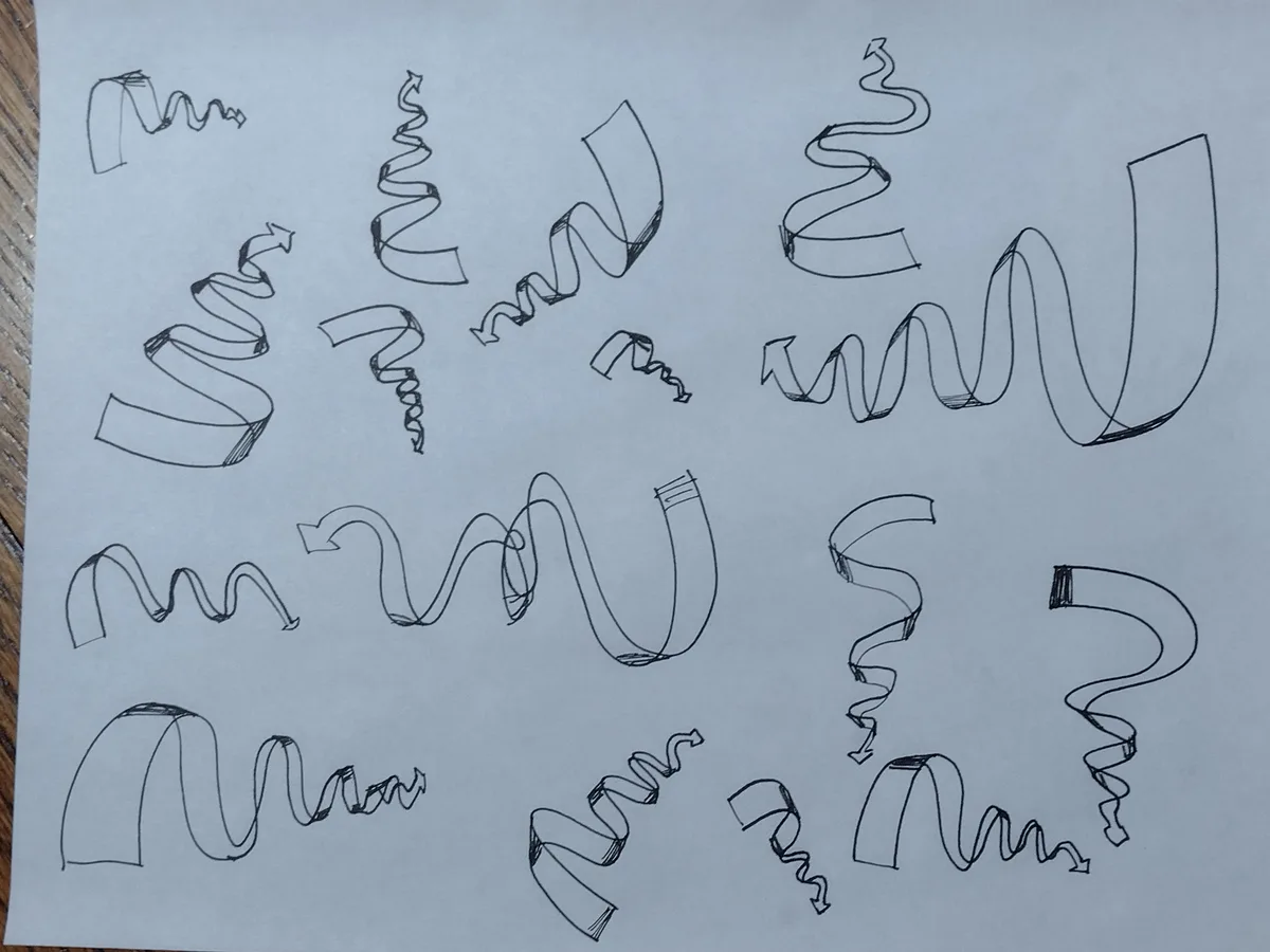A hand-drawn image on light blue paper shows numerous squiggly, ribbon-like arrows sketched in black ink, each pointing in a…